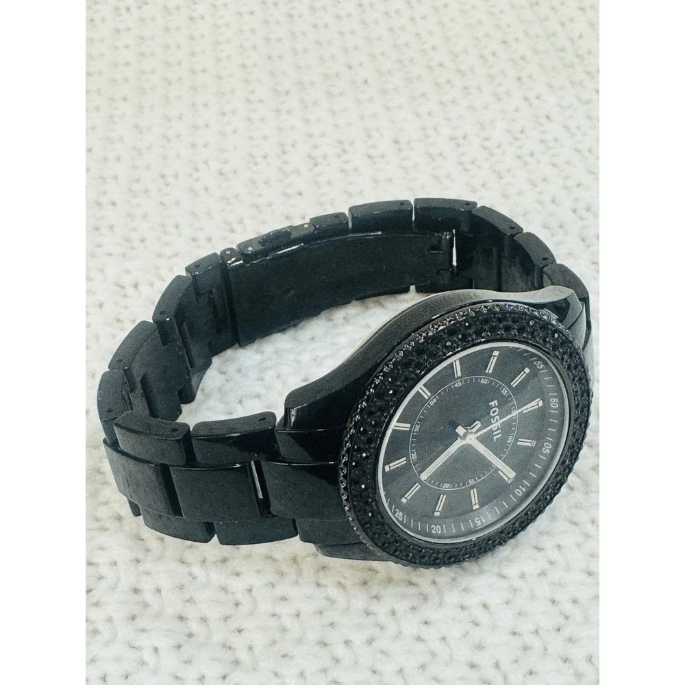 Fossil Black Crystal Bezel Stainless Steel Watch Untested